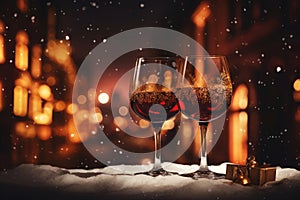 Two glasses of red wine close-up against the backdrop of an evening festive Christmas city. Christmas celebration
