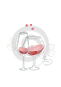 Two glasses of red wine decor from leaves and hearts