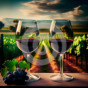 Two glasses with red wine in front of a vinegard at sunset, Moselle Valley, italian Tuscany or France