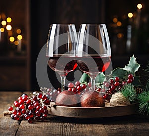 Two glasses of red wine, grapes, ball against a background of festive golden bokeh. Celebration of anniversary, holidays