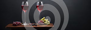 Two glasses of red wine and grapes on a black background