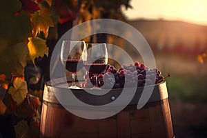 Two glasses of red wine with grapes on a wooden barrel in a vineyard, Generative AI 1