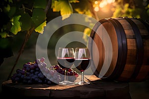 Two glasses of red wine with grapes and wooden barrel in a vineyard, Generative AI