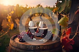 Two glasses of red wine with grapes on a wooden barrel in a vineyard, Generative AI