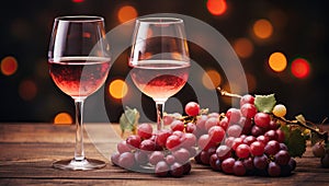 Two glasses of red wine and grapes on wooden table against bokeh lights background