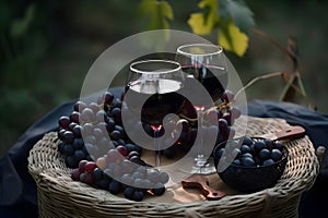 Two glasses of red wine with grapes on a wooden table in a vineyard, Generative AI