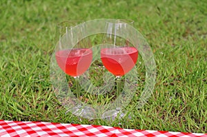 Two glasses with red wine on the green grass