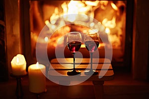 Two glasses of red wine near fireplace