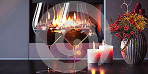 Two glasses of red wine near the fireplace with many candles Valentine day