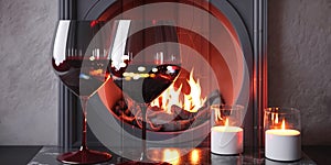 Two glasses of red wine near the fireplace with many candles Valentine day