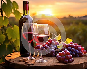 Two glasses of red wine with ripe grapes are on a table in a vineyard.