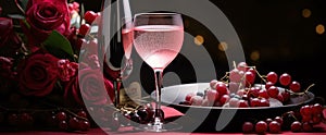two glasses of red wine and rose petals two glasses of red wine and roses two glasses of red wine
