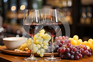 Two glasses of red wine served with grapes of different varieties for tasting in a bar, close-up