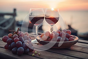 Two glasses of red wine and some grapes in a restaurant overlooking beautiful mediterranean landscape on sunset. Generative AI