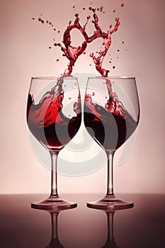 Two glasses of red wine and a splash in the shape of a heart, ai generated