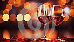 Two glasses of red wine standing on table with rose flower petals on festive golden bokeh background. Love anniversary birthday