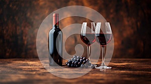 Two glasses with red wine, wine bottle and red grapes, copy space.