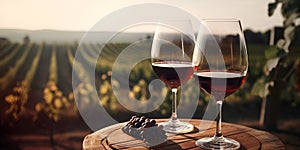 two glasses of red wine on a wooden barrel, vineyards, harvest, banner, illustration. Generative AI