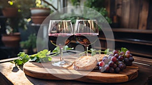 Two Glasses of Red Wine, Wooden Plate with Cheese, and Fresh Grapes