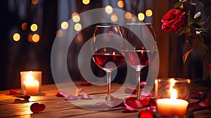 Two glasses of red wine on a wooden restaurant table with candles and red rose petals,