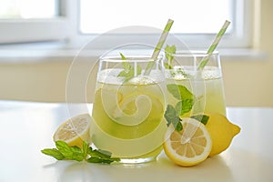 Two glasses of refreshing iced lemonade with lemon slices, mint leaves and ice on kitchen counter. Non alcoholic mojito drink on