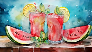 Two glasses of refreshing watermelon juice with lemon slices and mint leaves, next to a slice of watermelon on a wooden table photo