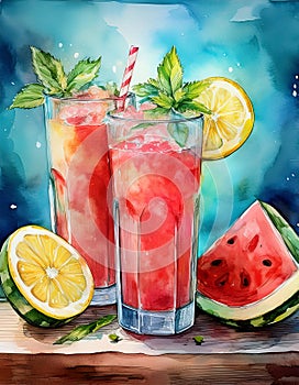 Two glasses of refreshing watermelon juice with lemon slices and mint leaves, next to a slice of watermelon on a wooden table photo