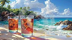 Two Glasses of Refreshment on a Tropical Beach