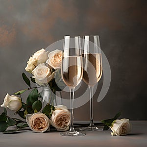 Two glasses of rose champagne and bouquet of light pink roses in a vase. Wedding romantic illustration with sparkling wine and