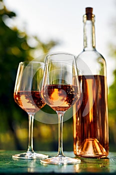 Two glasses of rose wine and a bottle in the vineyard