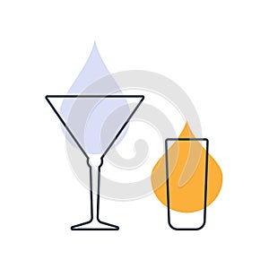 Two glasses with rum and vermouth. Shot glass drinks. Template alcohol beverage for restaurant, bar. Symbol party. Different