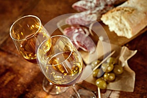 Two glasses of sherry with Spanish tapas