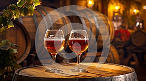 two glasses with some beer in front of a wooden barrel