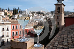 Due occhiali da spagnolo vino bianco serviamo sul tetto terrazza sul vecchio da andaluso 