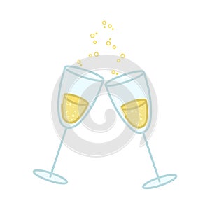 Two glasses with sparkling champagne. Cartoon style. Vector illustration isolated on white background