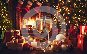 Two glasses of sparkling champagne in front of warm xmas fireplace. Cozy relaxed christmas atmosphere in a chalet house
