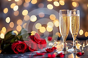 glasses with sparkling wine or champagne and red roses on table with bokeh lights in the background