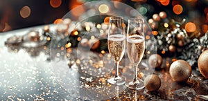 Two glasses of sparkling wine, festive background, Christmas, New Year\'s atmosphere.