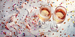 Two glasses with sparkling wine, festive background with ribbons and confetti, Christmas, New Year\'s atmosphere.