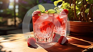 Two glasses with strawberries and ice on wooden table at garden