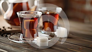 Two glasses of tea with brown sugar cubes. Close-up studio shot with blurred teapot in background