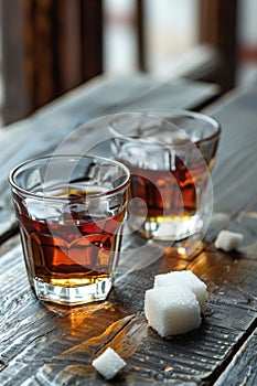 Two glasses of tea with brown sugar cubes. Close-up studio shot with blurred teapot in background