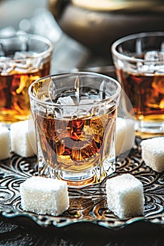 Two glasses of tea with brown sugar cubes. Close-up studio shot with blurred teapot in background