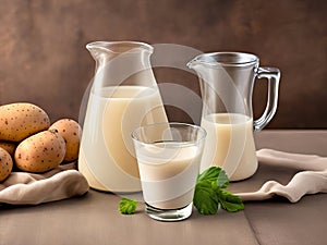 Two glasses of vegan milk served with potato milk substitute, newly harvested potatoes, and sackcloth.