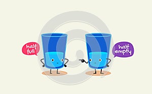 Two glasses of water is having conversation. Half full, half empty. Vector Illustration