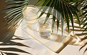 Two glasses of water, palms leaves. Long shadows. Beige table background in sunlight. Blank business, greeting card, invitation