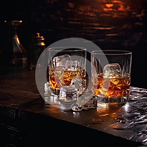 Two glasses of whiskey with ice on a bar counter, dark background with bokeh.