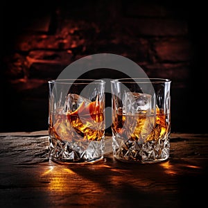 Two glasses of whiskey with ice on a bar counter, dark background with bokeh.