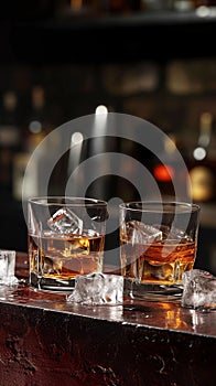 Two glasses of whiskey with ice on a bar counter, dark background with bokeh.