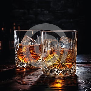 Two glasses of whiskey with ice on a bar counter, dark background with bokeh.